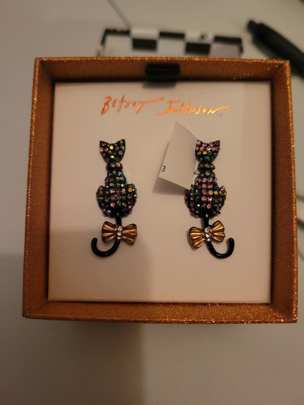 Betsey Johnson Black Cat Drop Earrings with Multicolor Crystals and Gold Bows